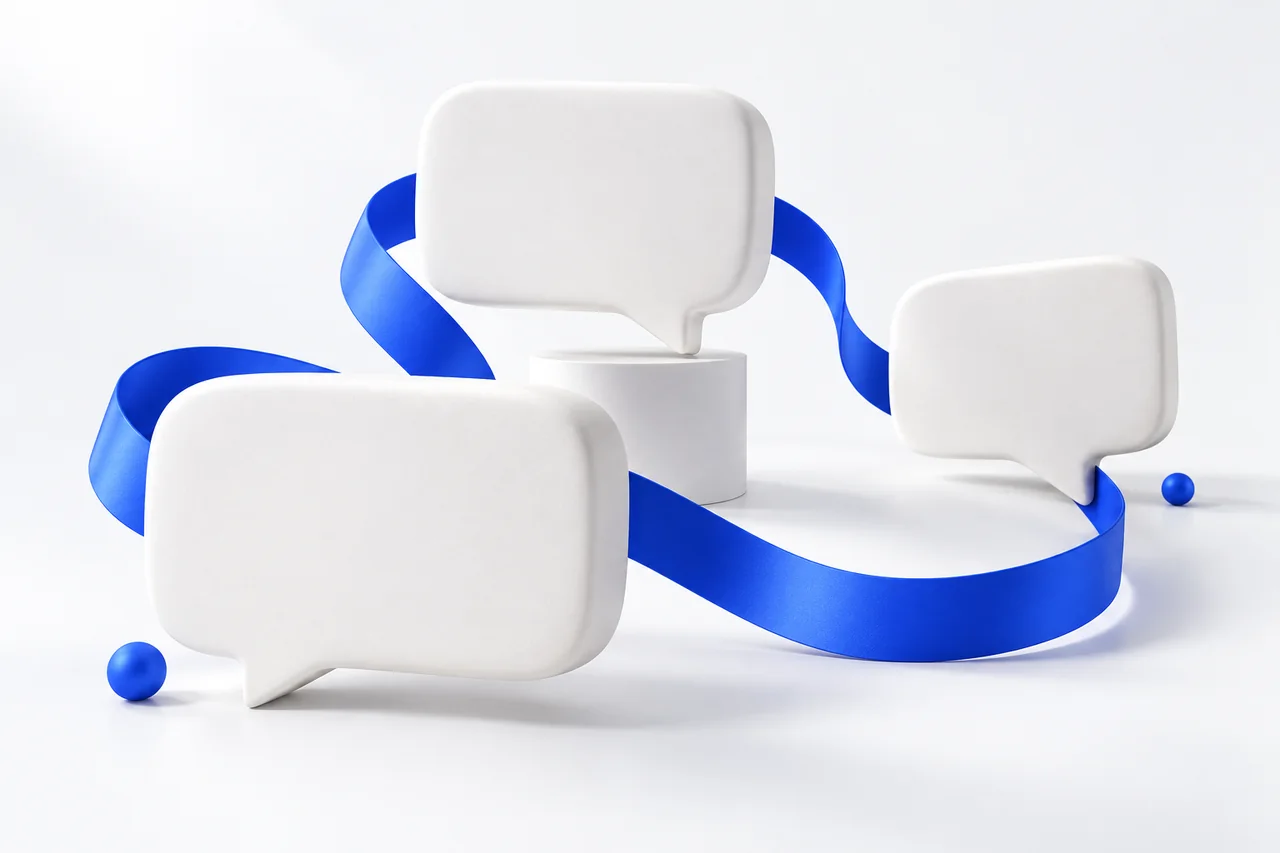 Three white conversation sculptures connected by a flowing blue ribbon.