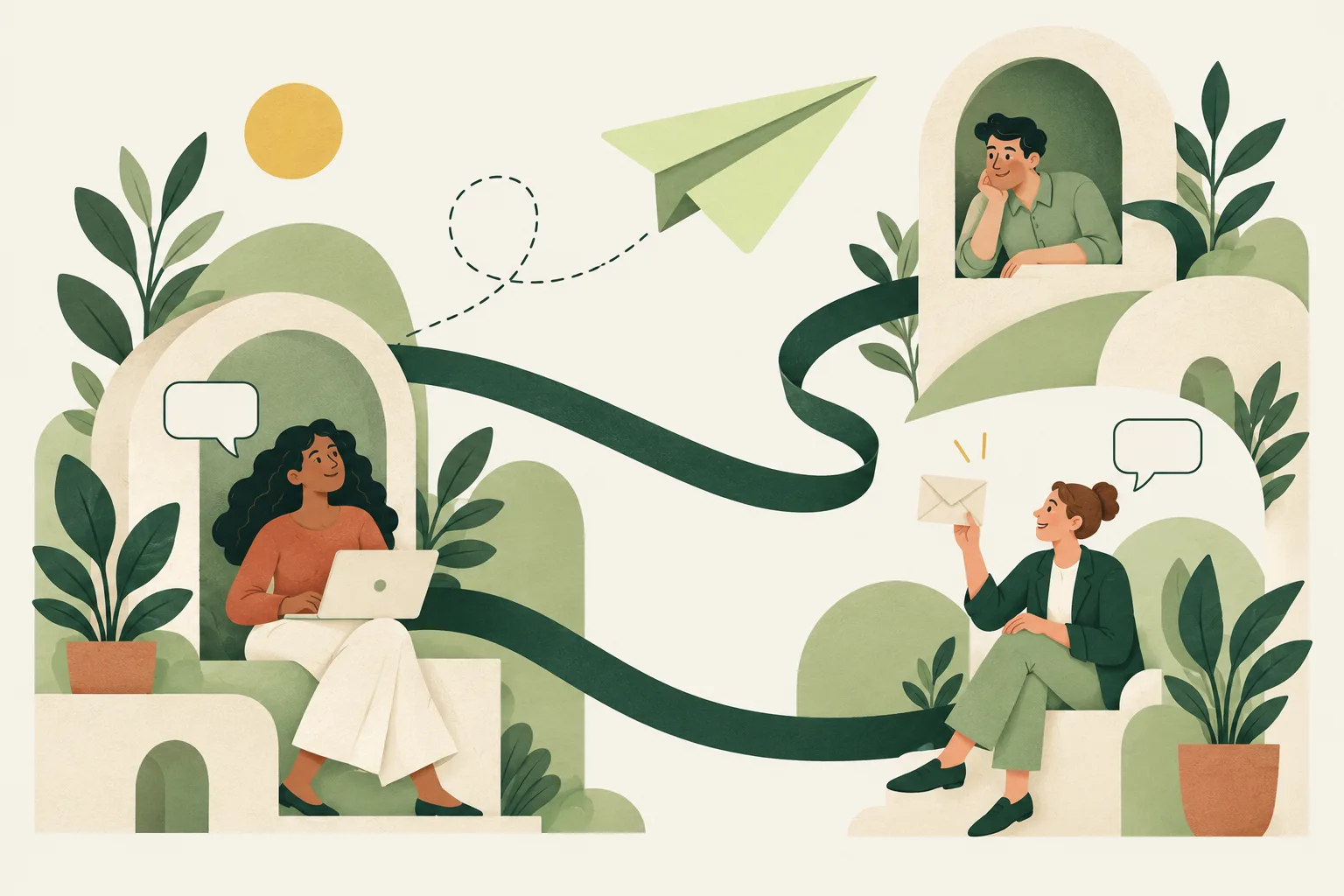 Illustration of three people in their own workspaces, connected by a green ribbon and a paper airplane.